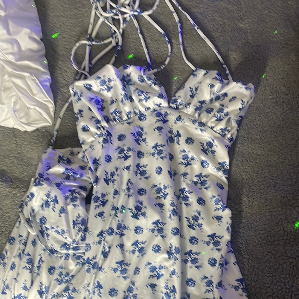 Floral Blue and White Halter Dress